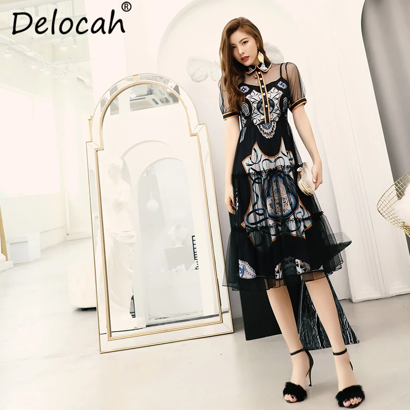 Delocah New 2019 Women Spring Summer Dress Runway Fashion Designer Mesh Overlay Geometric Printed Elegant Vintage Vacation Dress