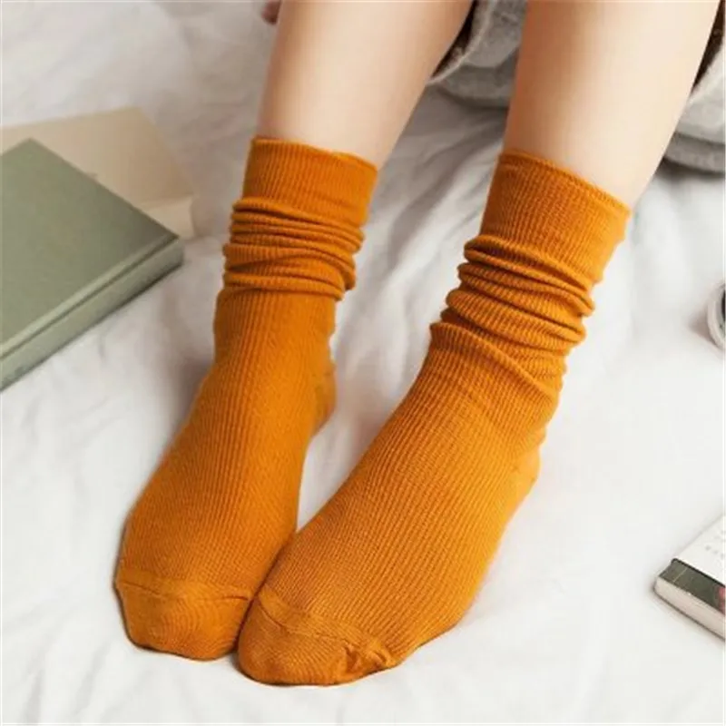 Корейские носки для девочек средней школы; женские свободные однотонные носки с двойными спицами; длинные хлопковые носки; уличная одежда; женские носки; Meias - Цвет: Orange