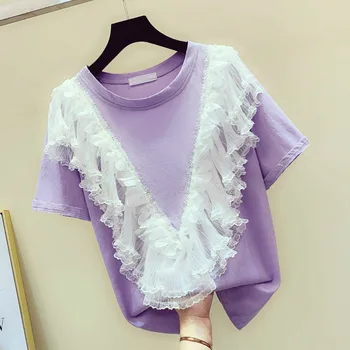

Shirts Lady 2019 Summer New Korean Sweet Lace Stitching T-shirt Short Sleeve T Shirts Tees Girl Student Tops Tshirt