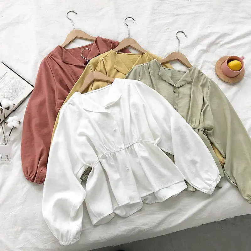 

Mferlier Mori Girl Chic Summer Blouse Turn Down Collar Long Lantern Sleeve High Waist Solid White Yellow Green Ladies Blouses