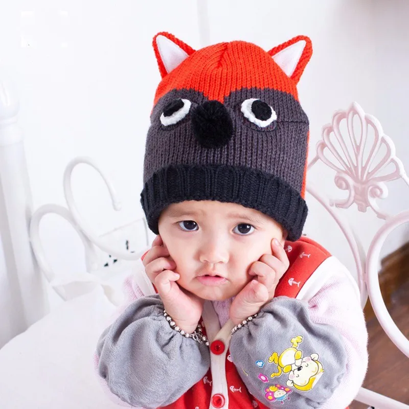 Fox Baby Hats Cartoon Toddler Beanies Crochet Unisex Bonnet Autumn Boy Warm Caps Winter Knitted Girl Headwear Kid Hat Red Cute (2)