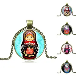 Винтаж ювелирные изделия с бронзовым покрытием русская кукла в форме стекло кабошон Макси колье длинный кулон цепочки и ожерелья для
