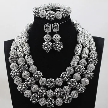 

Charms Silver Crystal Bead Balls Jewelry Set Indian Bridal Necklace Earrings Bracelet Set All Silver Jewelry Set WD997