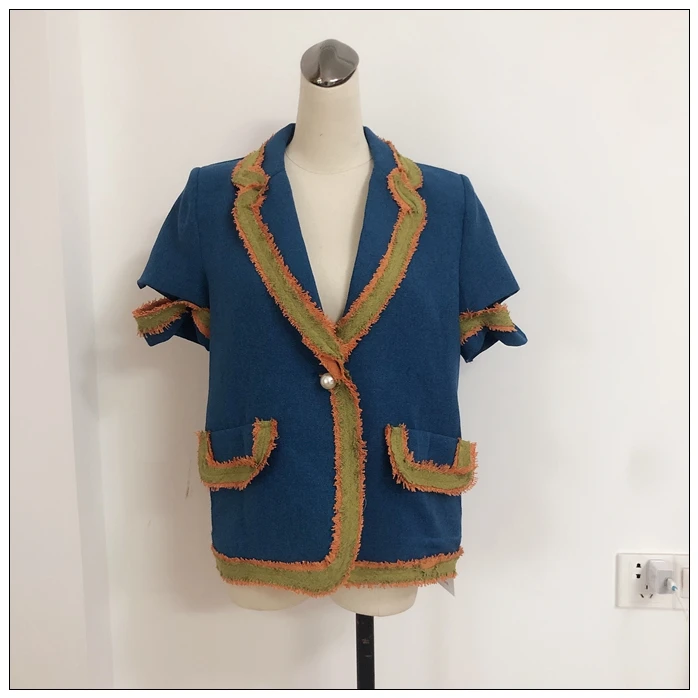 RUGOD женский темно-синий блейзер с надрезом, короткий рукав, пэчворк, лен, жемчуг, одна кнопка, Свободное пальто, модная женская элегантная mujer