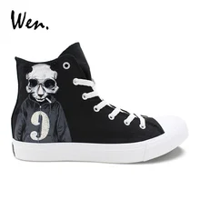 Вэнь черная парусиновая Мужская обувь высокий Топ дизайн панда череп свитер Smoke цифры 7 и 9 ручная роспись обувь женские повседневные кроссовки