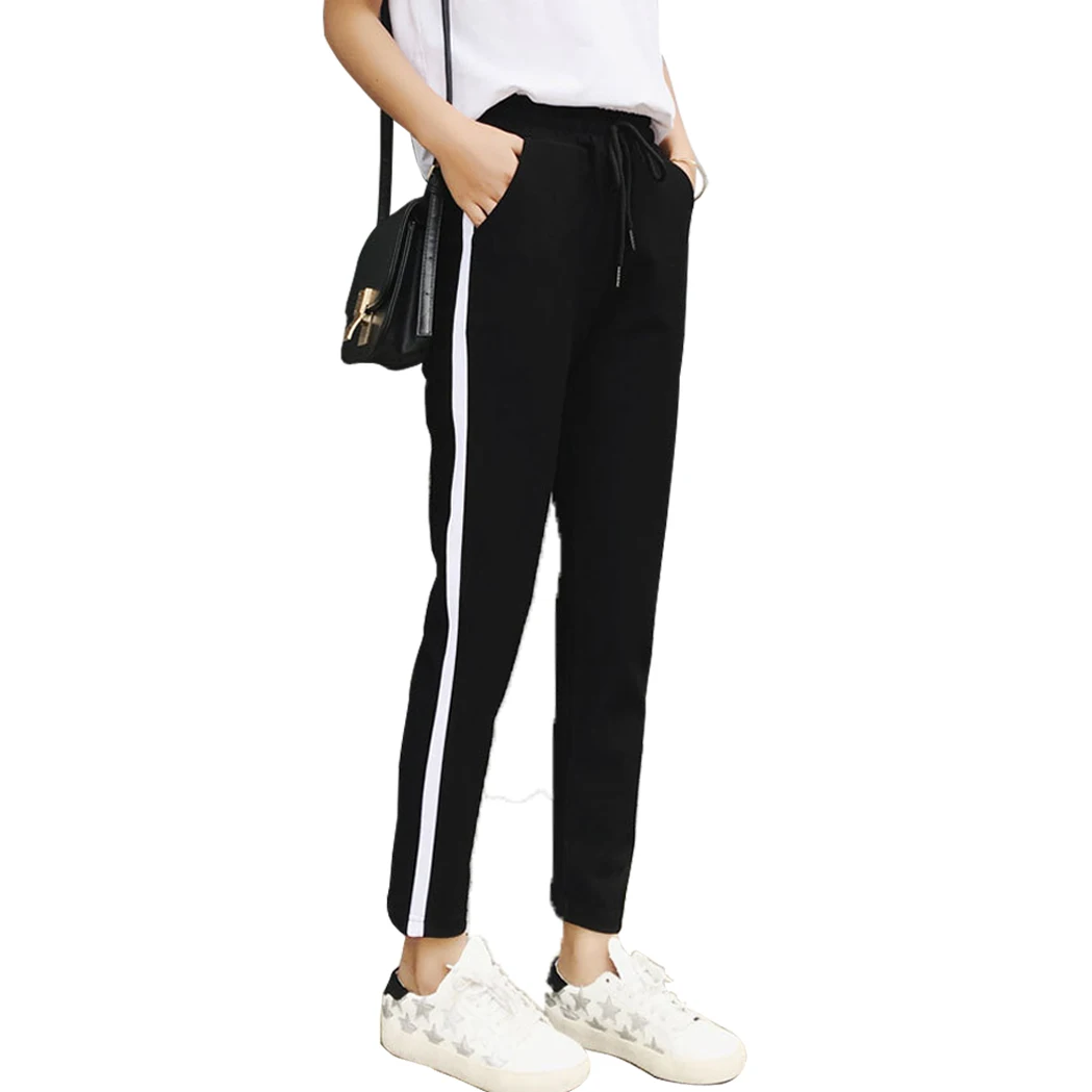 2018 Été Nouvelle Marque Survêtement décontracté Sarouel Femmes Lâche Pantalon Noir Rayé Côté Pantalons de Survêtement Femmes Sport de Course Pantalon
