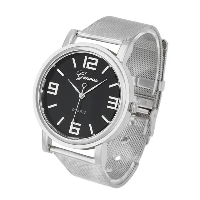 Новинка, женские часы с черным циферблатом, нержавеющая сталь, сетчатый дизайн, женские наручные часы, Geneva, брендовые, relogio feminino mujer Fi - Цвет: Silver