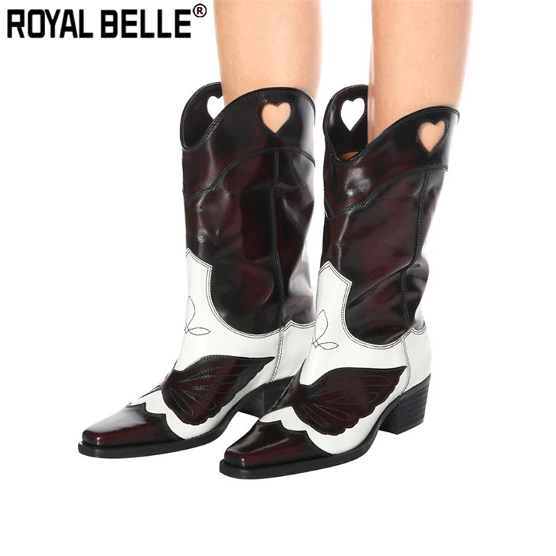

Royal Belle Design Genuine Leather Knee High Boots For Women Embroidery Butterfly Motorcycle Boots Pointed Toe Cool Ankle Boots