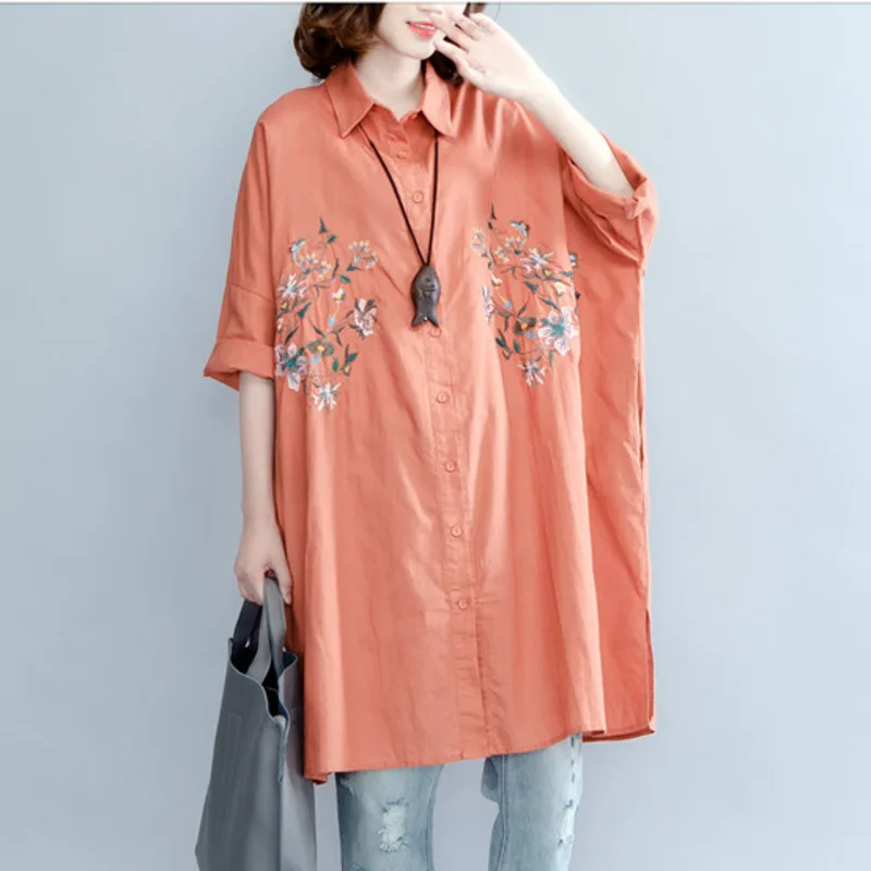 

#3017 Summer Vintage Long Shirt For Women Cotton Linen Blouse Female Embroidery Floral Half Bat Long Sleeve Plus Size Loose
