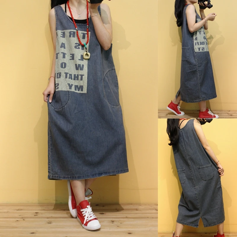 

Spring Summer Women Casual All-match Loose Plus Size Vintage Denim Sleeveless Tank Dresses