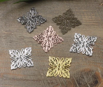 

Vintage Filigree Flat Square Flower Wraps Links European Charms Bu Yao Hair Clasp Accessories DIY Findings Multi-Color Plated