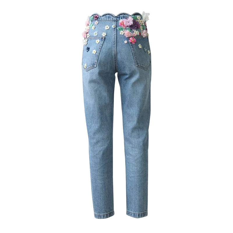 2018 women's fashion sweet handmade embroidery beaded flower jeans in