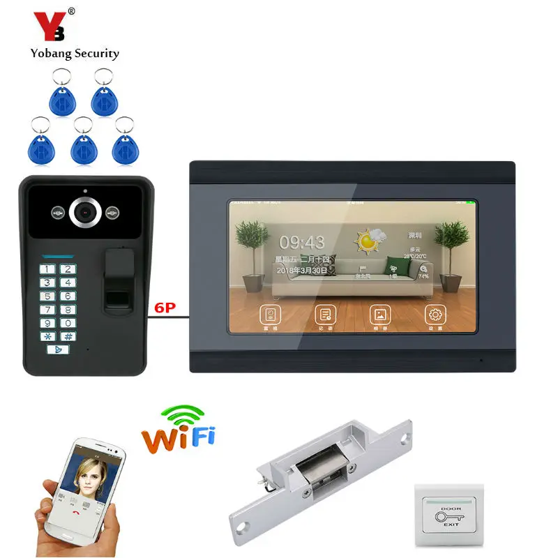 Yobang Security 7'' Wired Wifi Fingerprint RFID Password Video Door Phone Doorbell Intercom Entry System Kit 1000TVL Outdoor Cam |