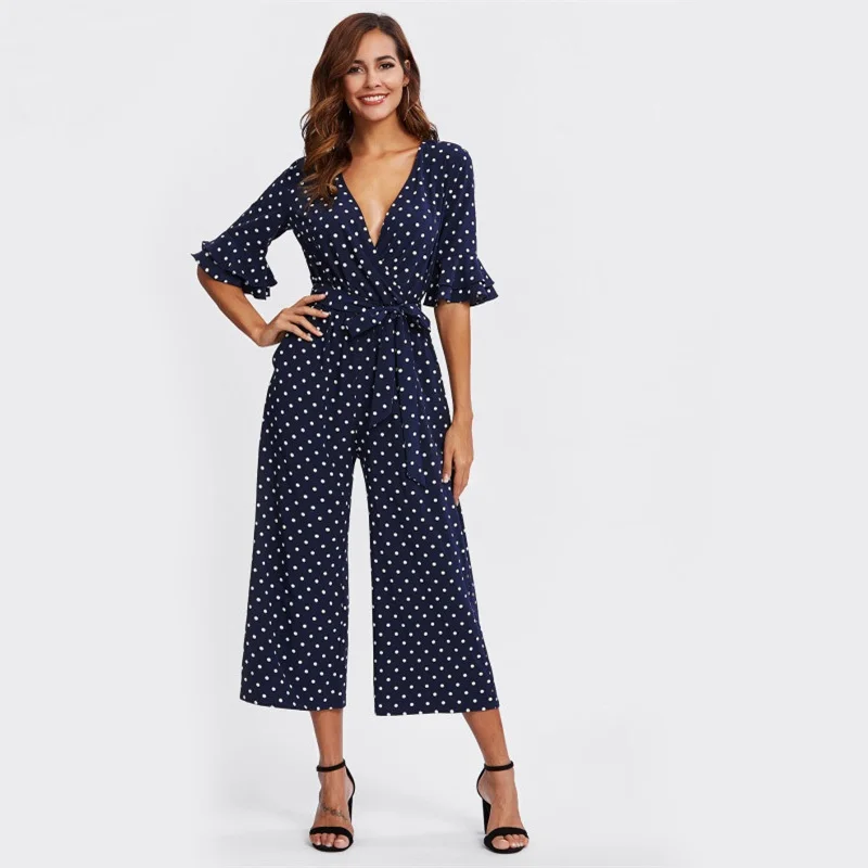 Tiered Flare Sleeve Surplice Wrap Polka Dot Jumpsuit V Neck Half Sleeve ...