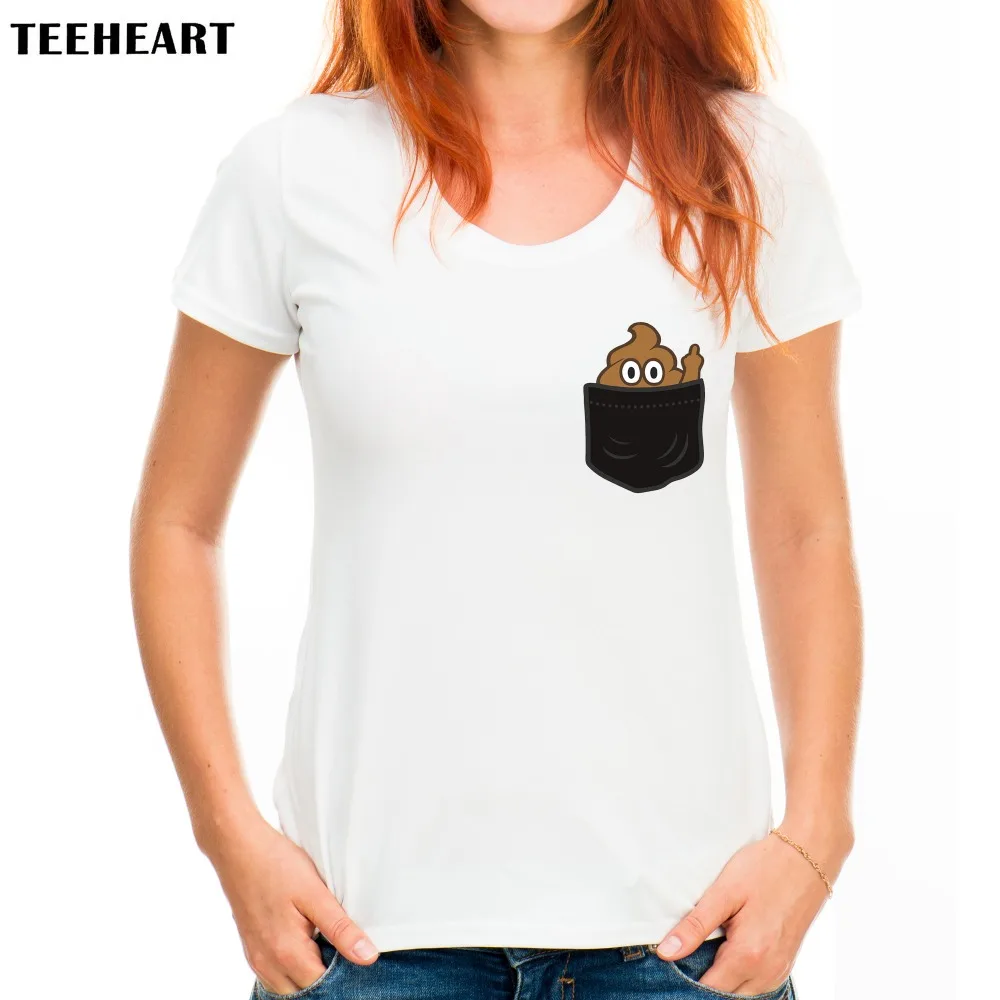 cheap TEEHEART Women POCKET POOP EMOJI FINGER Design T shirt Novelty Tops Lady Custom Printed Short Sleeve Tees px426