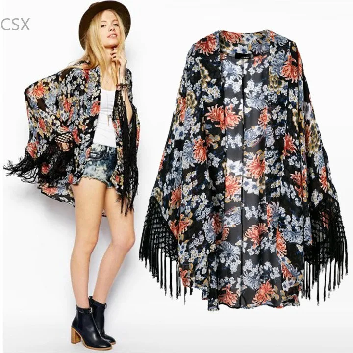 

MwOiiOwM Women Blouses Kimono Cardigan Chiffon Coat Jacket Printed Tassel Fringe Shawl Fashion Chiffon Blouses S-L