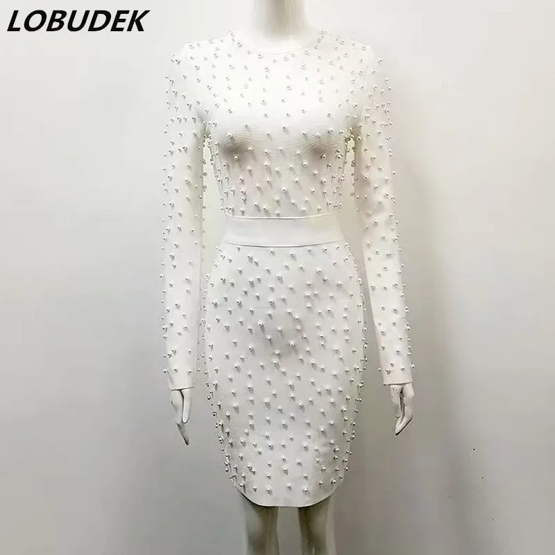 

Latest Female White Pearls Short Dress Sexy Skinny Long Sleeves Mini Dress Autumn Winter Women Dress Prom Party Slim One Piece