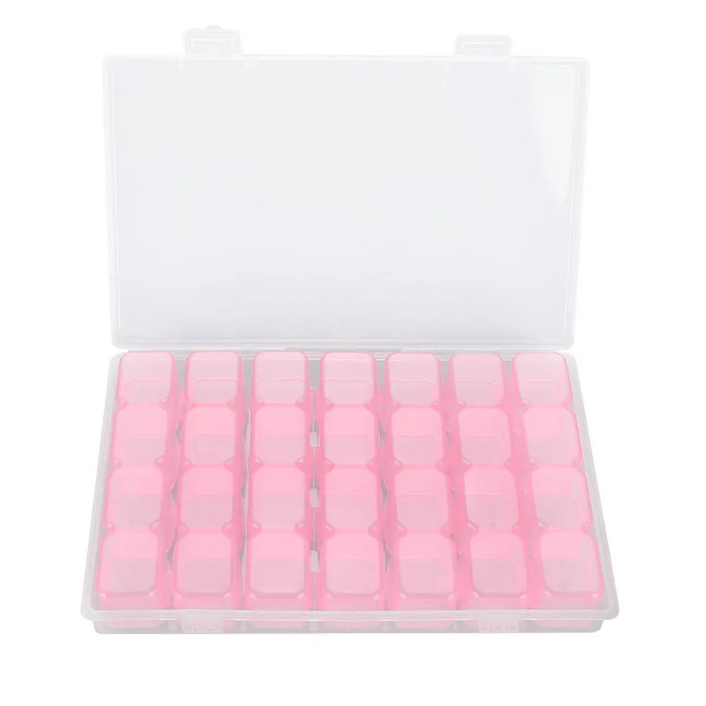 

2 Colors Pink/Rose red 28 Slots Portable size PP Empty Clear Nail Art Decorations Rhinestone Gem Bead Container Storage Box