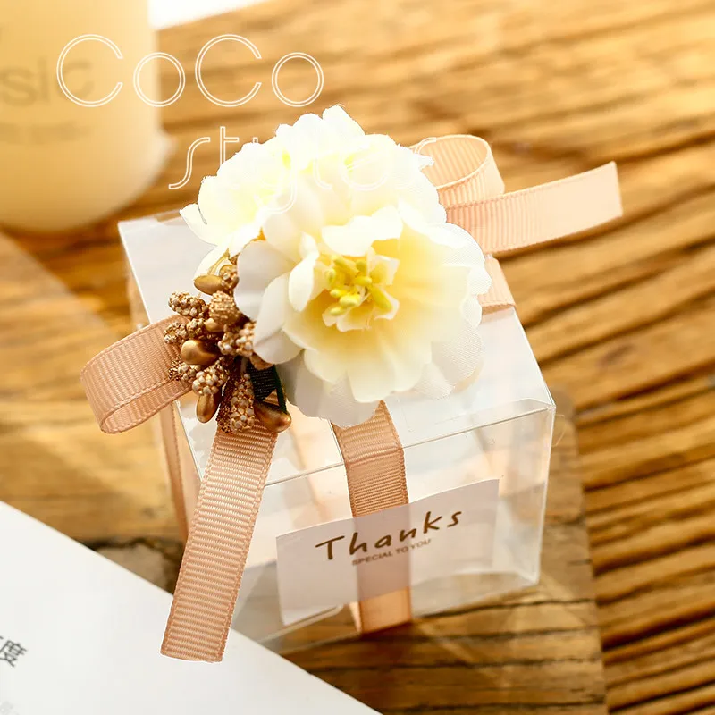 

Cocostyles custom blank elegant square plastic box with ribbon and tag for wedding candy box and favor box gift box