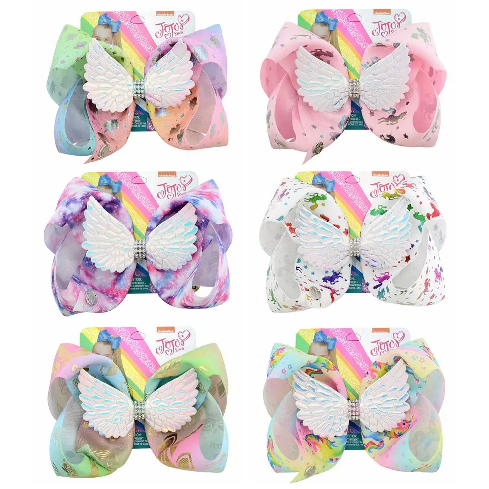 

8" Unicorn Party Hair Bows For Girls JOJO Bows With Wings Rhinestone Hair Clip Handmade Ribbon Boutique Hair Accessories