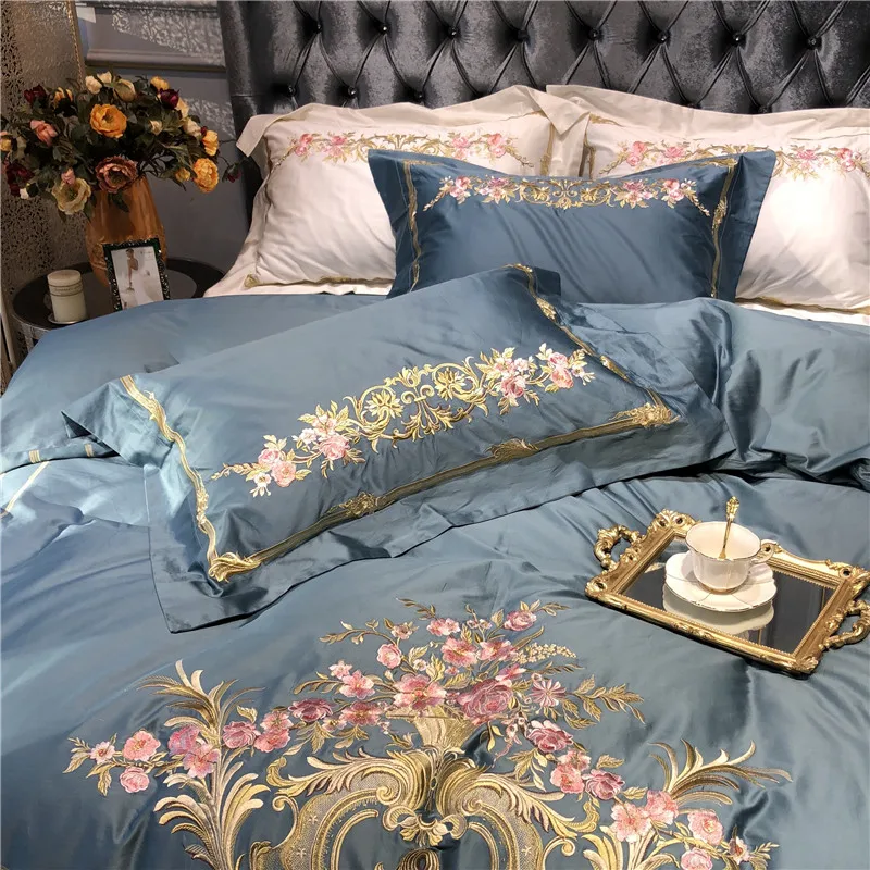 Excellent Champagne Blue White Luxury Royal Embroidery 100S Egyptian Cotton Palace Bedding Set Duvet Cover Bed sheet/Linen Pillowcases 52
