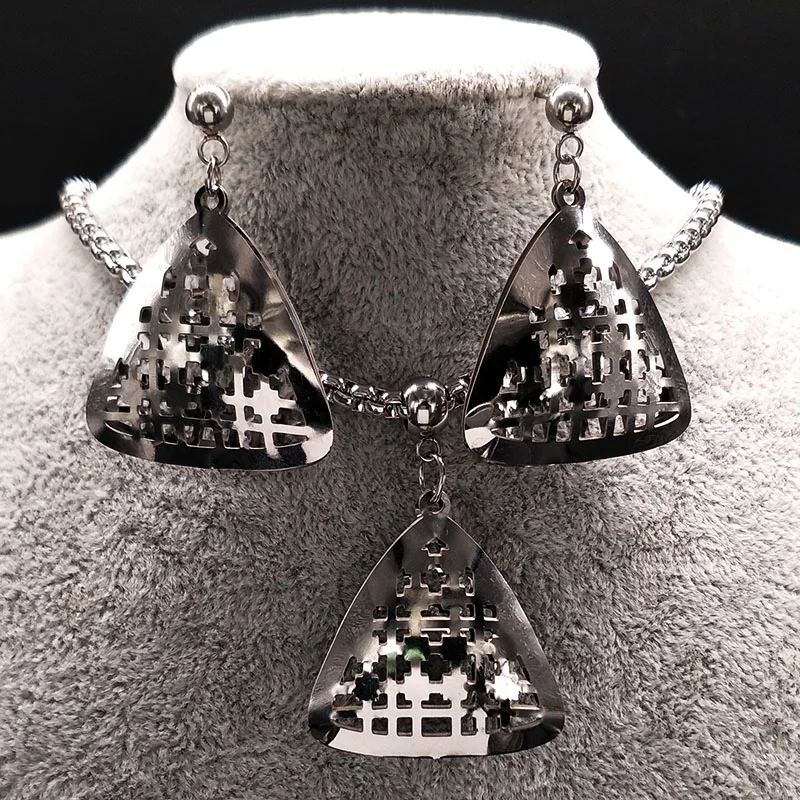 Triangle Big Stainless Steel Earrings Necklace Set Women Geometry