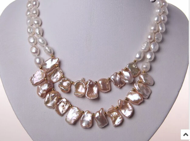 

FREE SHIPPING>>>@@ > RHJ00108 2rows 11mm baroque white pink keshi reborn freshwater pearl necklace
