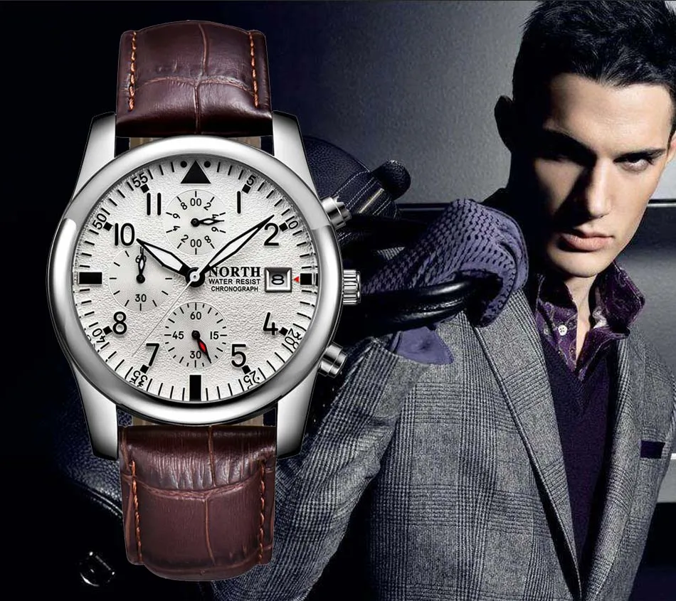 Роскошные Лидирующий бренд North мужские нарядные часы многофункциональный хронограф из натуральной кожи мужские часы водонепроницаемые повседневные деловые часы