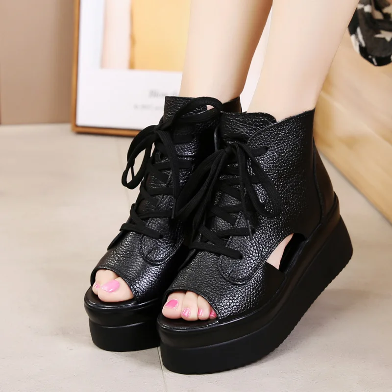 

2018 new fish mouth shoes leather female sandals muffin platform shoes wedges platform high heel shoes.