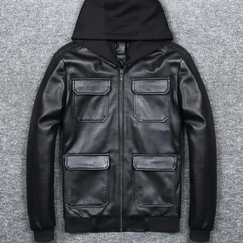 

Autumn Slim Fit Hooded Genuine Leather Jacket Mens Zipper Stand Collar Casual Plus Size 5XL Sheepskin Real Leather Bomber Jacket