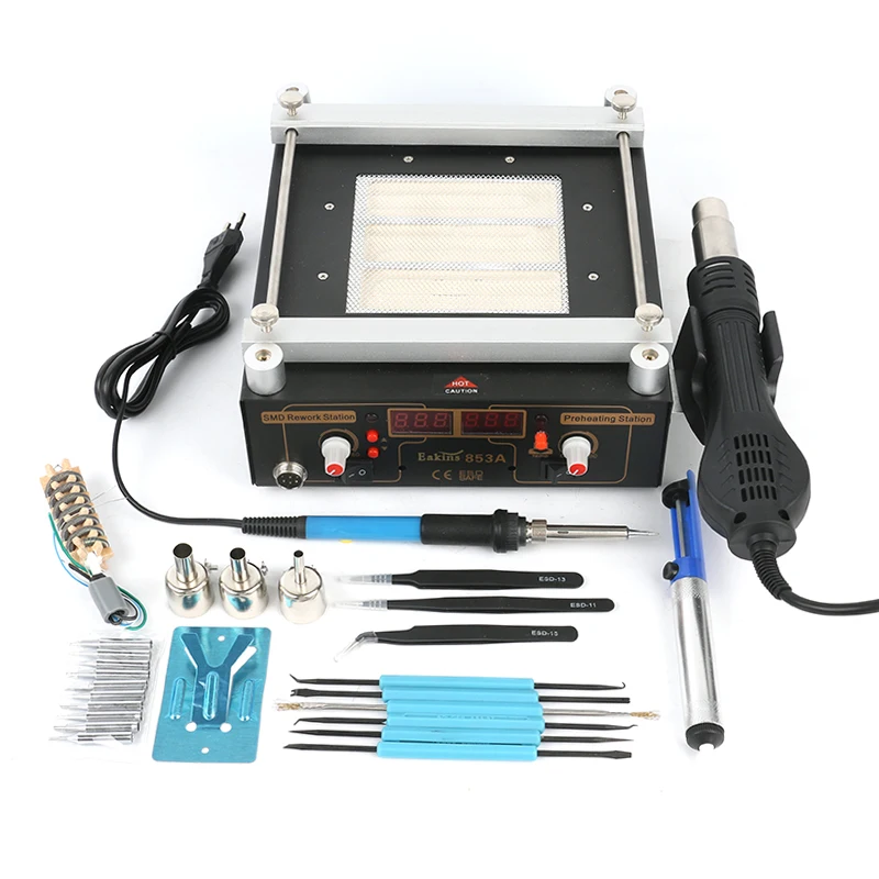 

853A 2 IN 1 Digital Regulation BGA Hot Air Gun SMD Rework Station Infrared Preheating Station+Electric Adjustable Soldering Iron
