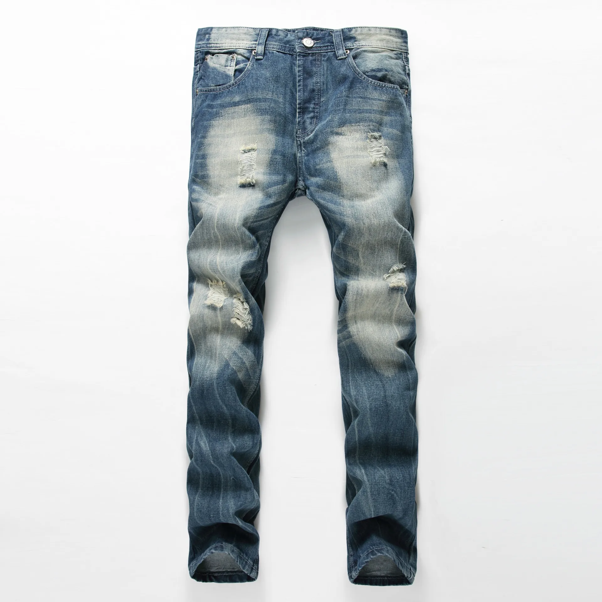 

2019 Spring New Stretchy Ripped Slim Fit Jeans Men's Hole Straight Denim Trousers High Elastic Smart Casual Pencil Pants