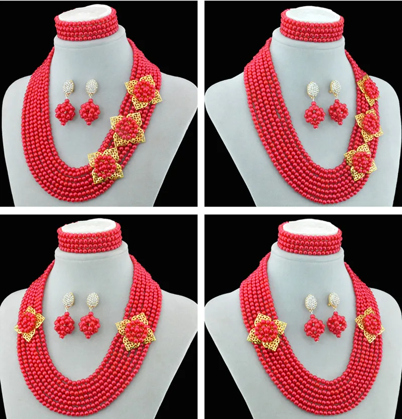 

2016 Nigerian Wedding African Beads Jewelry Set multi layer statement flower Simulated-pearl necklace and earring for women