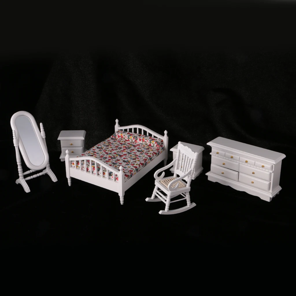 6Pieces 1:12 Scale Dollhouse Miniature Furniture Set White Wooden European Retro Bedroom Accessories Kids Pretend Play Toys
