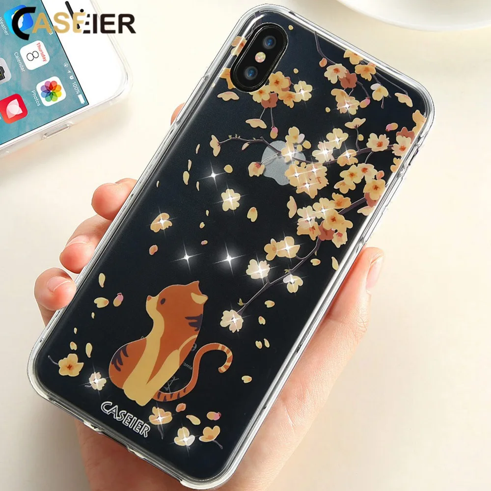 CASEIER Sakura Cat Phone Case For iPhone 6 6s Plus Soft TPU Cases 5 5s SE Rhinestone Cover Cute Luxury Coque Shell |