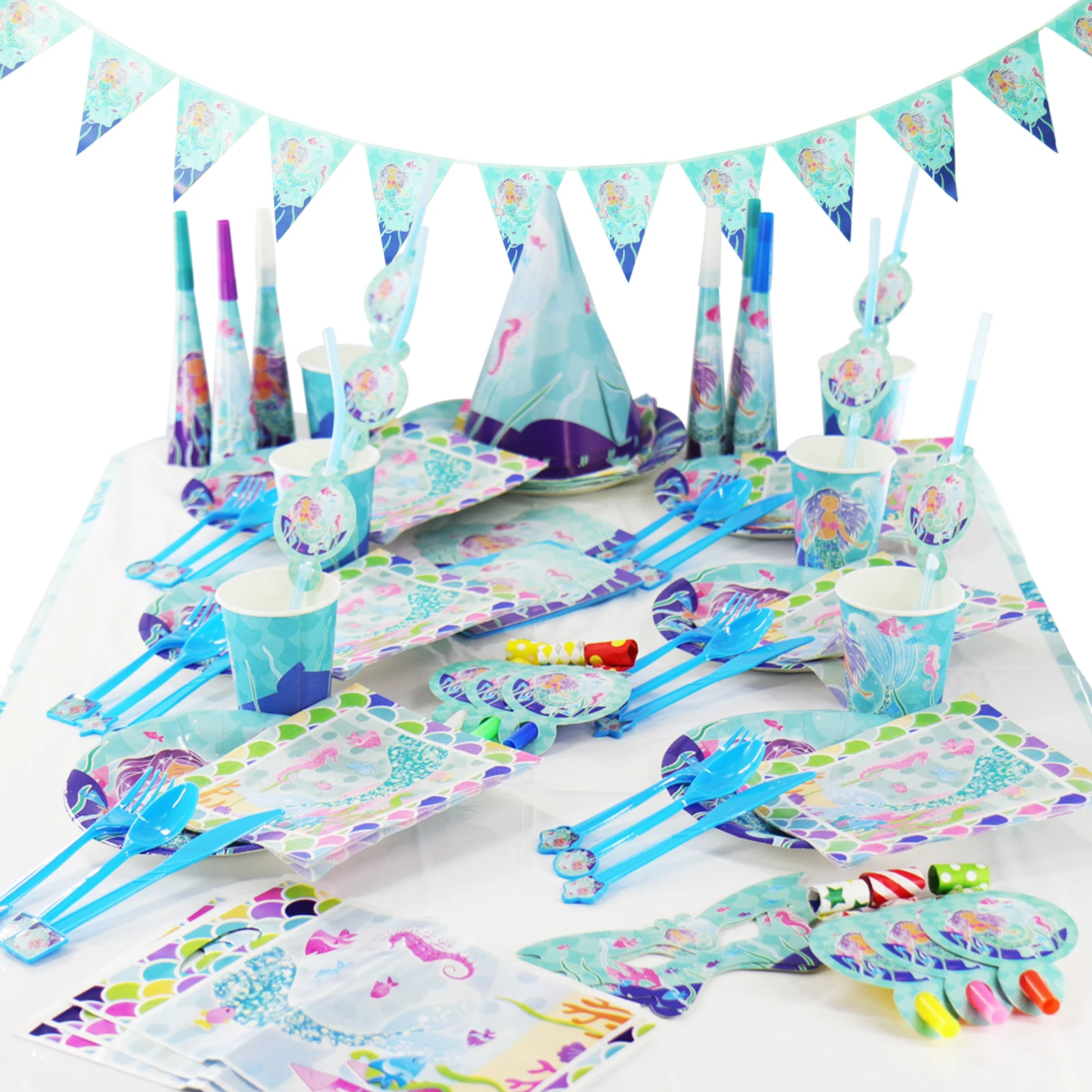 

16pcs Mermaid Disposable Tableware Sets Flags Tablecloth Straws Cups Plates Napkin Blowout Cap Disposable Tableware Supplies