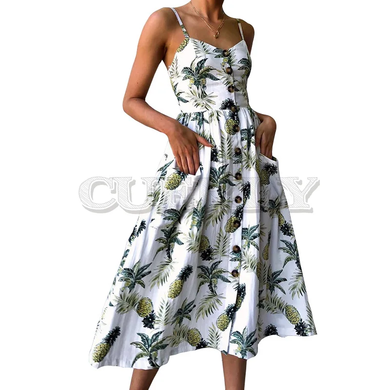 Image Summer 2019 Strap Print Floral Dot Long Boho Bohemian Beach Dress Women Sundress Sexy Casual Loose Elegant Vintage Ladies Dress