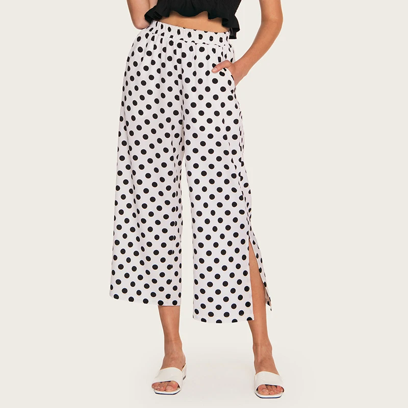 

Wasteheart Summer Women Fashion White Polyester Loose Long Pants Wide Leg Pants High Waist Female Pants Holiday Casual Dots