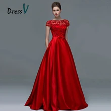 Dressv элегантное красное кружевное вечернее платье с коротким рукавом es сексуальное ТРАПЕЦИЕВИДНОЕ ПЛАТЬЕ с вырезом лодочкой, длинное женское официальное вечернее платье