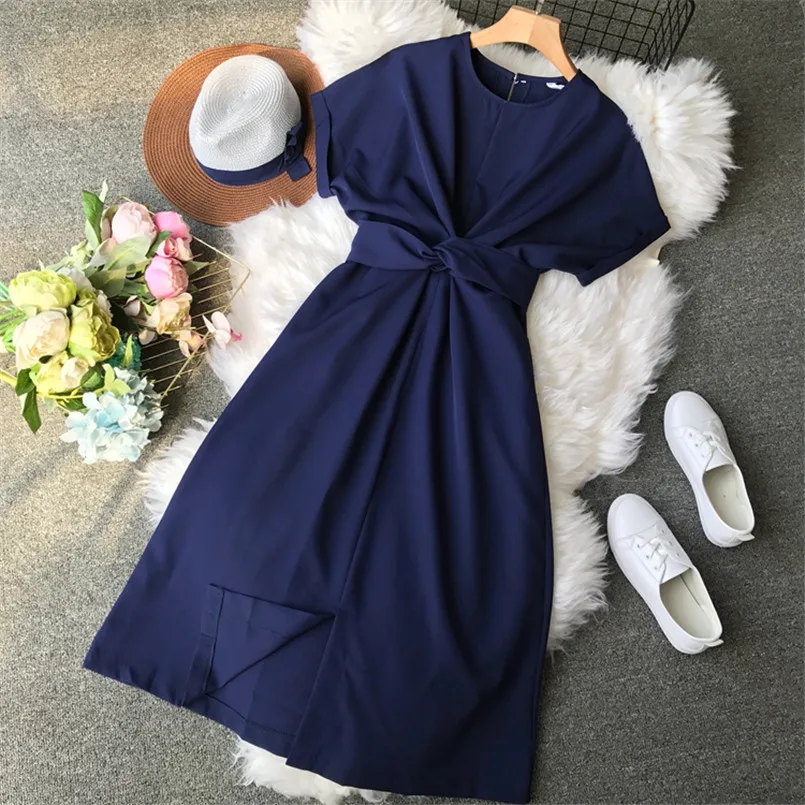 

Fashion Navy Solid 2019 Summer Bandage Midi Long Dress Party Women Casual Vestido De Festa Elegant Dresses Tie A-Line Vestidos