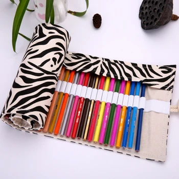 

36/48/72 Holes Simple Styl Zebra Handmade Canvas Pen Curtain School Pencil Case Painting Pension Pouch Art Supplies Storage Bag