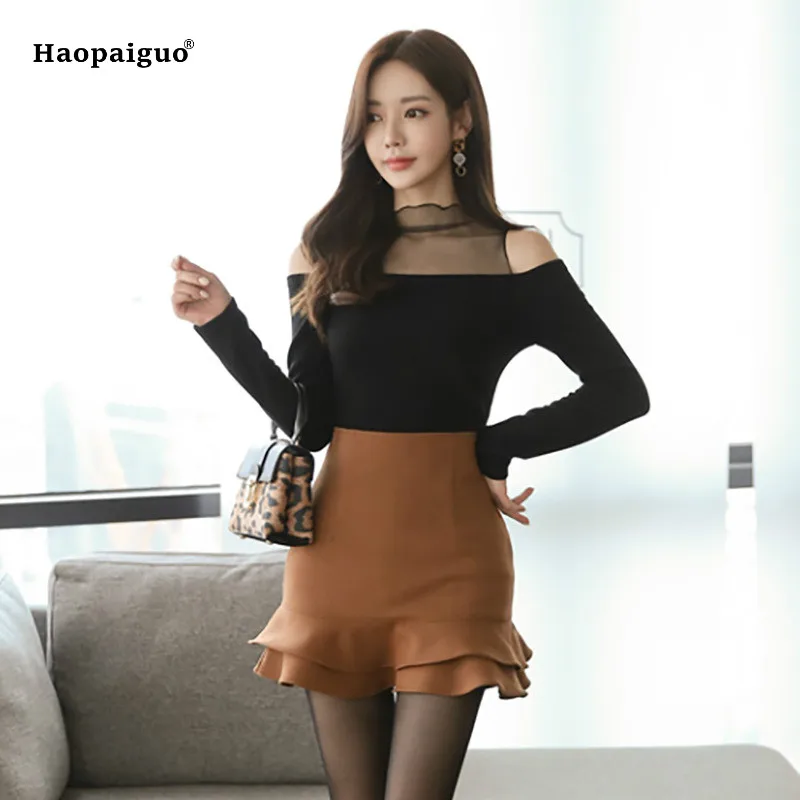 

2 Piece Set Plus Size Autumn Women Black Full Sleeve O-neck Casual T-shirt Top and Khaki Ruffles Club Short Skirt Two Piece Set