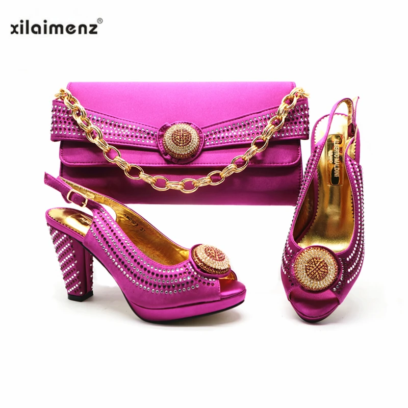 

New Fashion Purple Color African Ladies Shoe Matching Bag Set Italian Super High Heels Mature Style Shoe and Bag to Match