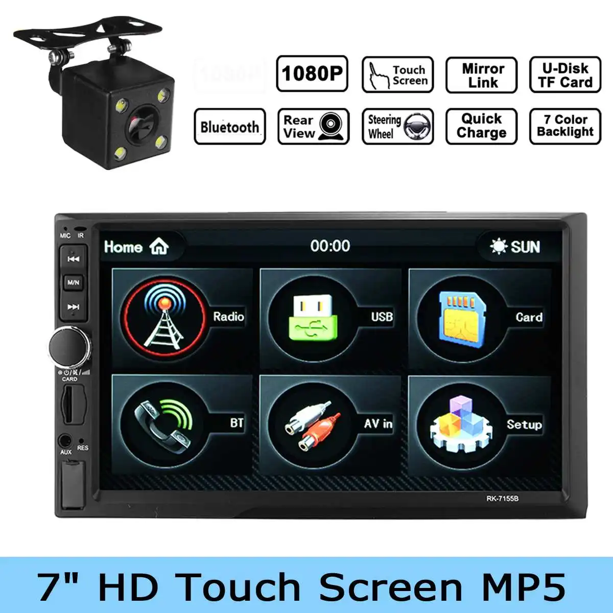 

7inch 2Din Car 1080P Bluetooth Mp5 Player With Remote Control Audio Stereo FM AM RDS+ Rear View Camera