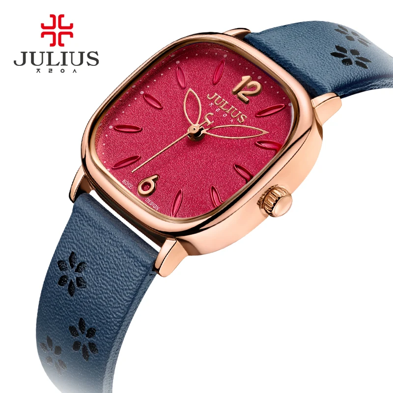

Julius Watches Women Square Face Red Dial Flower Design Leather Strap Montre Femme Vintage Whatch For ladies Dropshipping JA-970