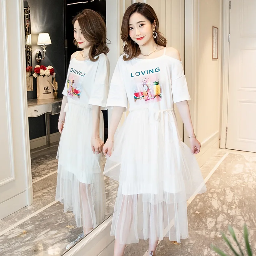 

2019 summer new mesh lace stitching off-shoulder T-shirt small fresh super sweet sweet cake skirt pregnancy dress