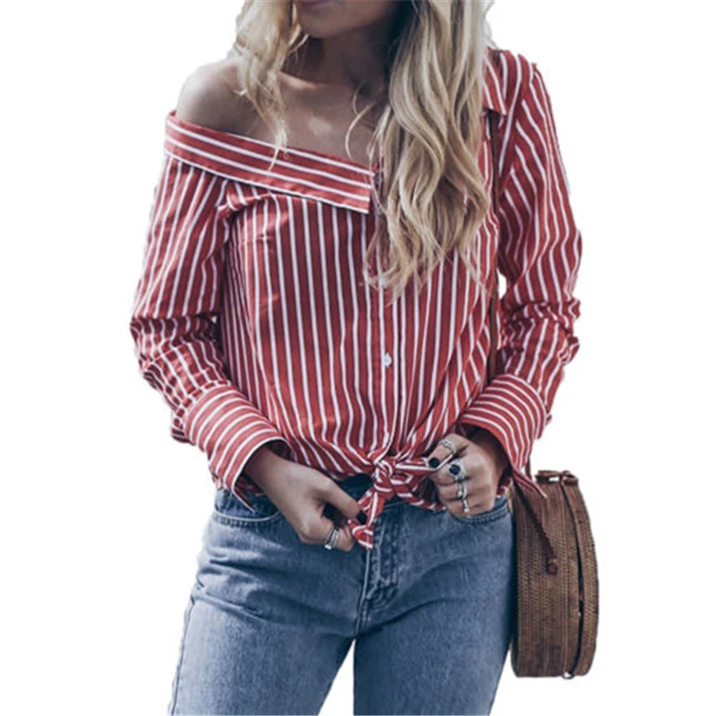 

New Fashion Women Striped Off Shoulder Shirts Long Sleeve Ladies Loose Blouse Summer Fashion Shirts For Ladies