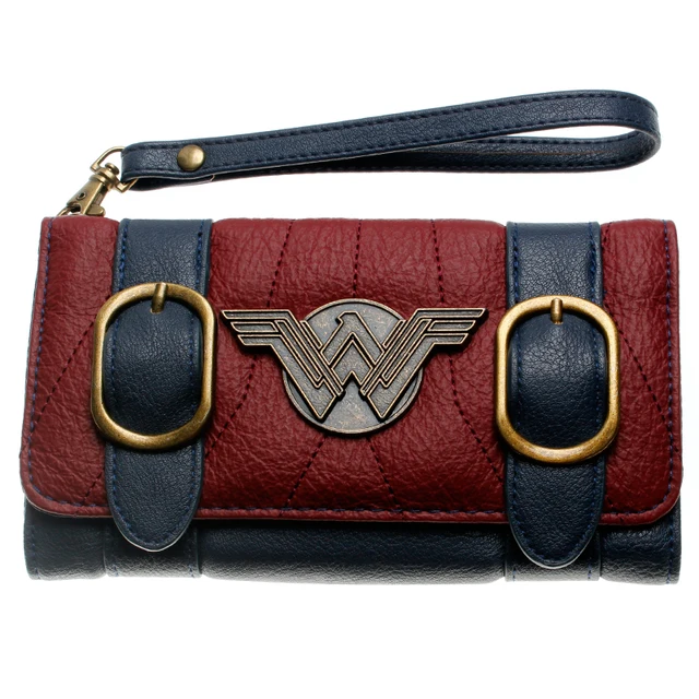 Wonder Woman wallet double buckle tri fold flap purse Blue / Bordeaux red embroidered Metal badge wallet femal DFT-6502
