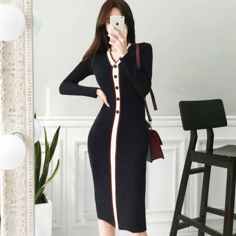 

2019 Autumn Full Sleeve Single Breasted V-Neck Sheath Knitted Vestidos Knee-Length Bodycon Sexy Sweater Dress