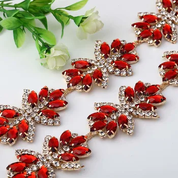 

Gold Crystal Rhinestone Chain Trims with Red/Blue Stones and Chain by the yard for Sewing DIY Dresses Bags Shoes